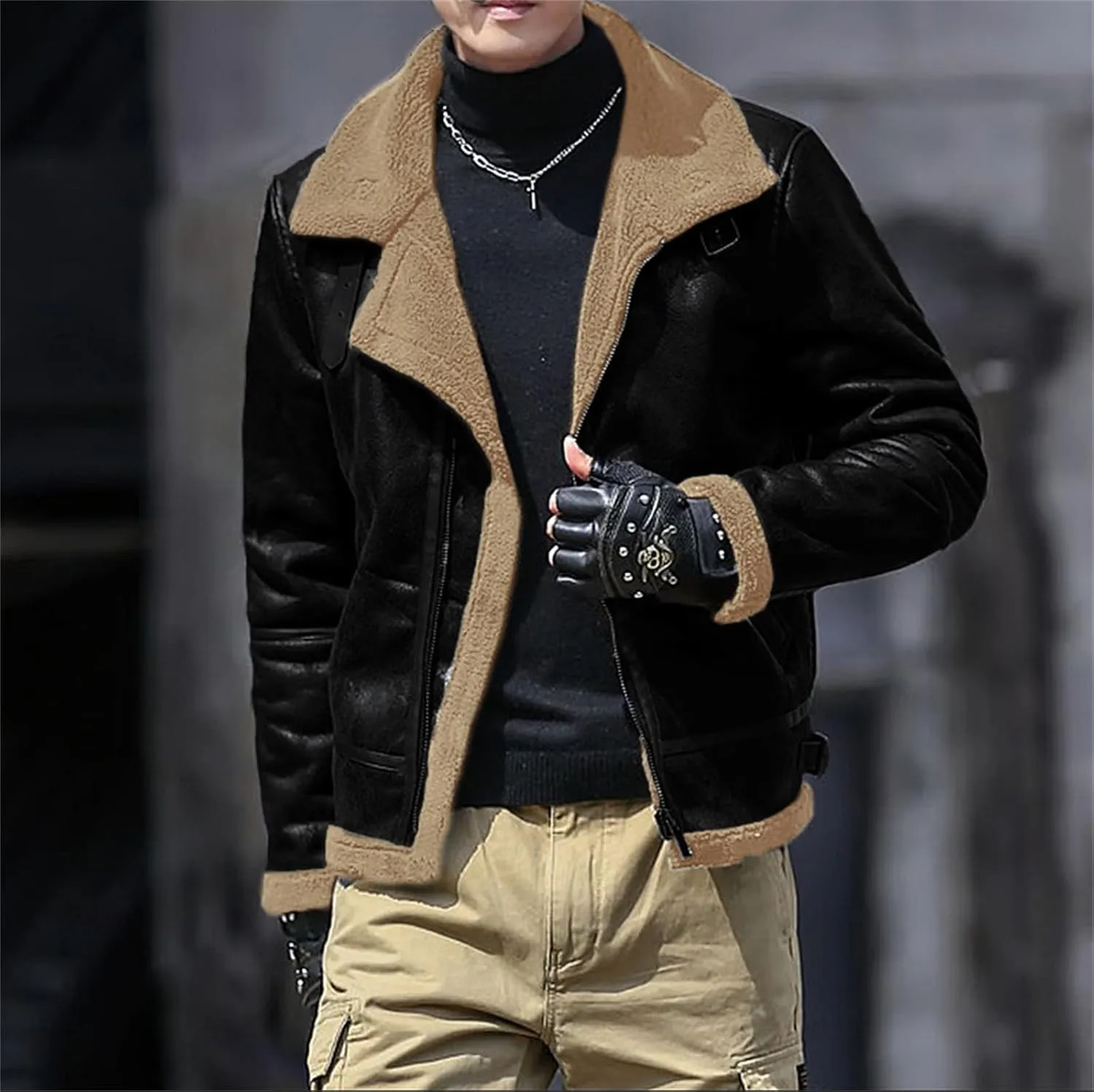 Fleece Lined Leather Jacket Men Vintage Faux Leather Suede Sherpa Coats Lapel Fur Collar Jackets Fall Winter Clothes