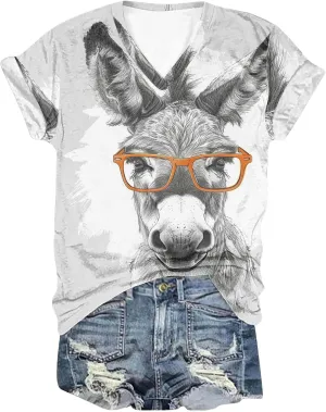 Funny Donkey Animal Graphic Tee Shirt for Women Cute Tops 2024 Summer Plus Size V Neck Short Sleeve Boyfriend Shirt