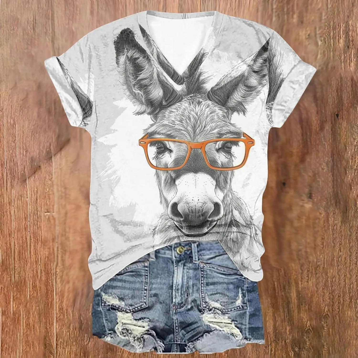 Funny Donkey Animal Graphic Tee Shirt for Women Cute Tops 2024 Summer Plus Size V Neck Short Sleeve Boyfriend Shirt
