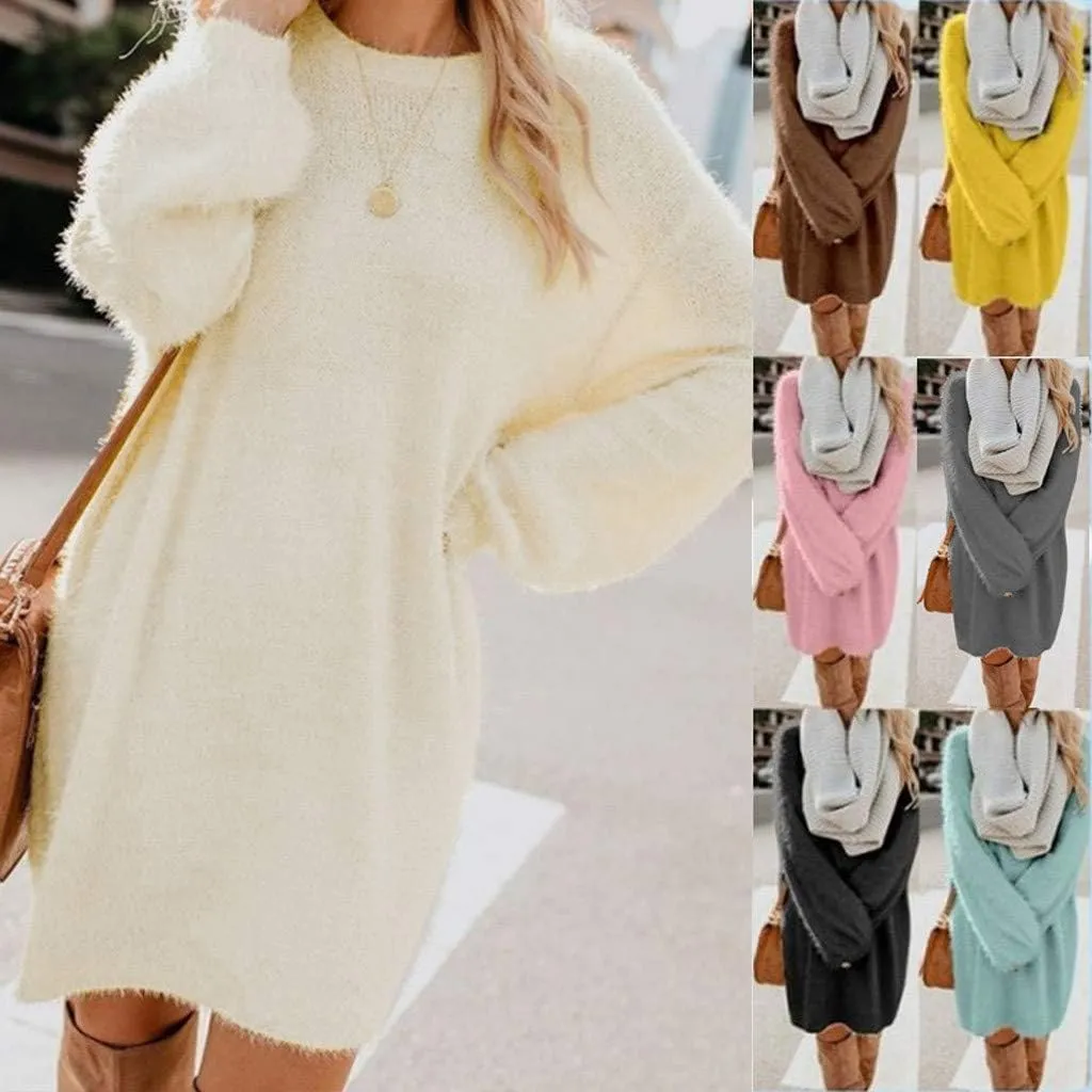 Fuzzy Sweaters for Women Winter Fashion Solid Sweater Dress Lightweight Soft Long Sleeve Crewneck Shirts 2024 Warm Tops