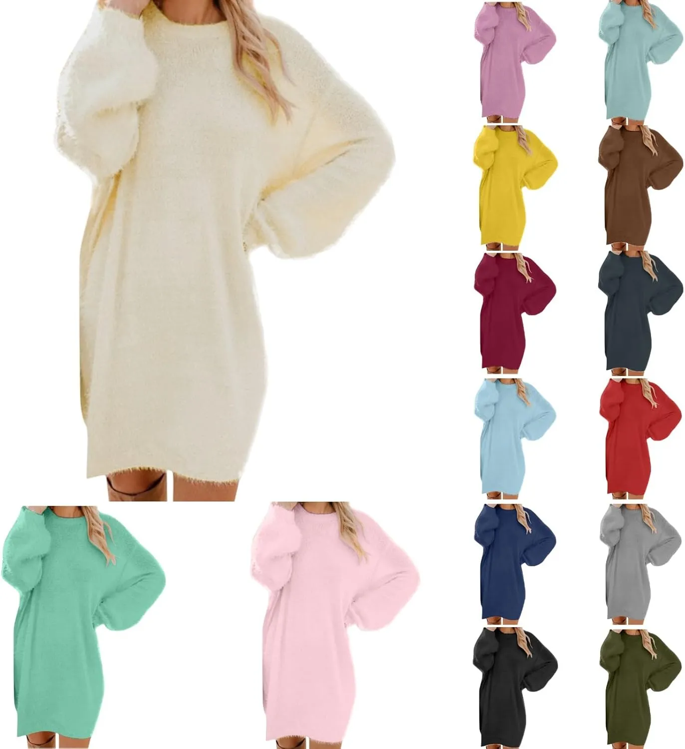 Fuzzy Sweaters for Women Winter Fashion Solid Sweater Dress Lightweight Soft Long Sleeve Crewneck Shirts 2024 Warm Tops