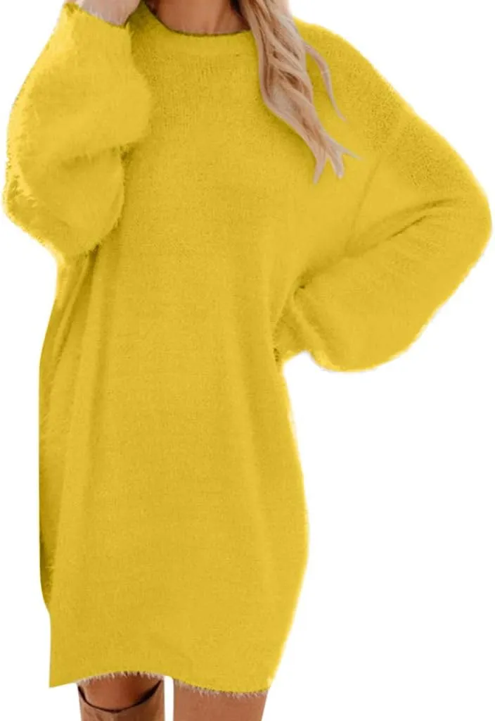Fuzzy Sweaters for Women Winter Fashion Solid Sweater Dress Lightweight Soft Long Sleeve Crewneck Shirts 2024 Warm Tops