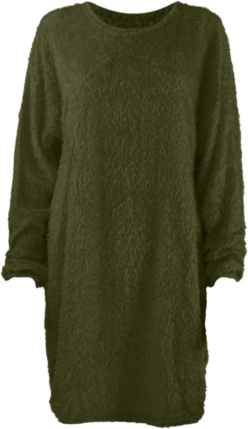 Fuzzy Sweaters for Women Winter Fashion Solid Sweater Dress Lightweight Soft Long Sleeve Crewneck Shirts 2024 Warm Tops