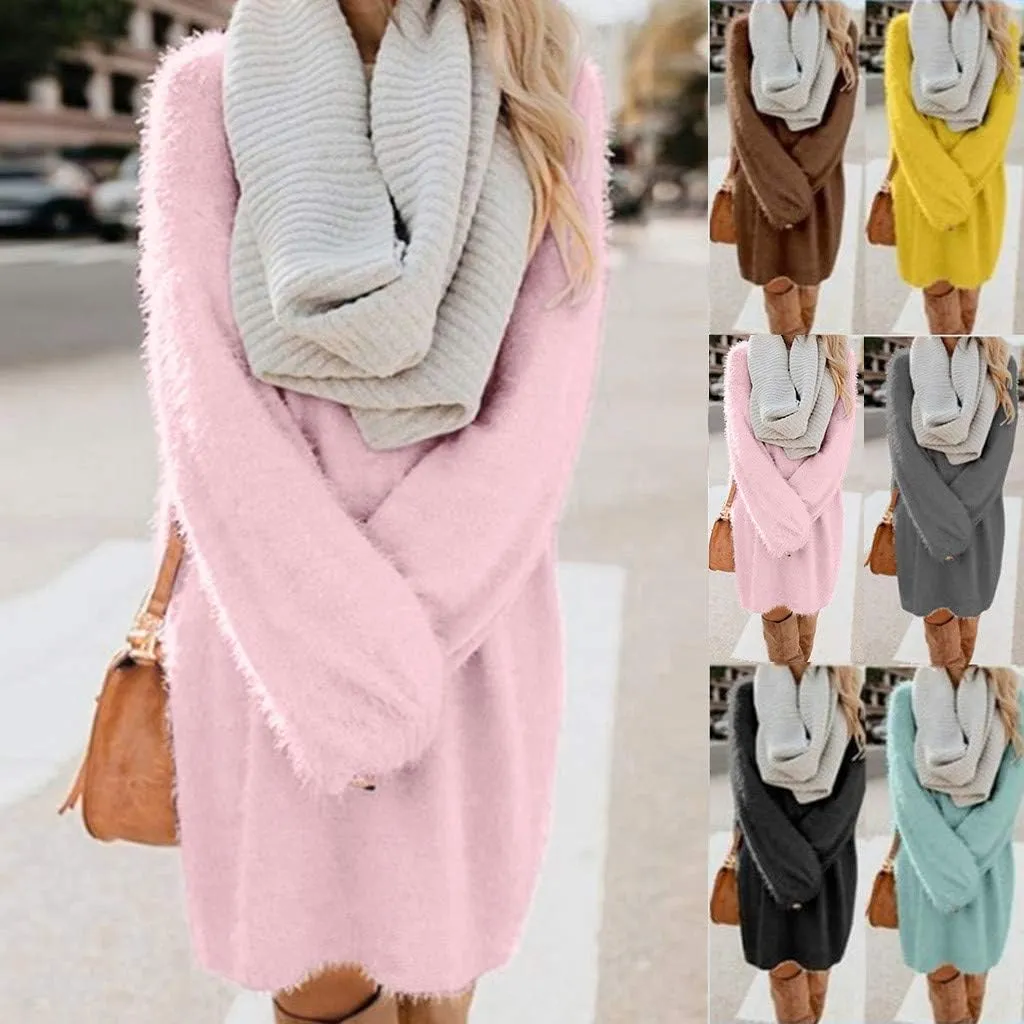 Fuzzy Sweaters for Women Winter Fashion Solid Sweater Dress Lightweight Soft Long Sleeve Crewneck Shirts 2024 Warm Tops