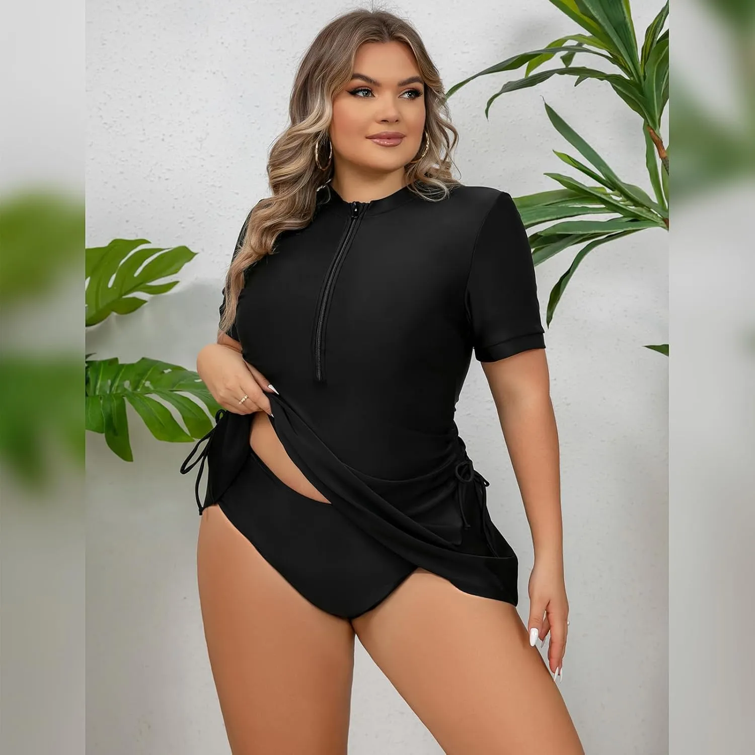 FYMNSI Women Plus Size Zipper Rash Guard Sun Protection Surf Rashguard Boyleg One Piece Sport Swimsuit Padded Bathing Suit