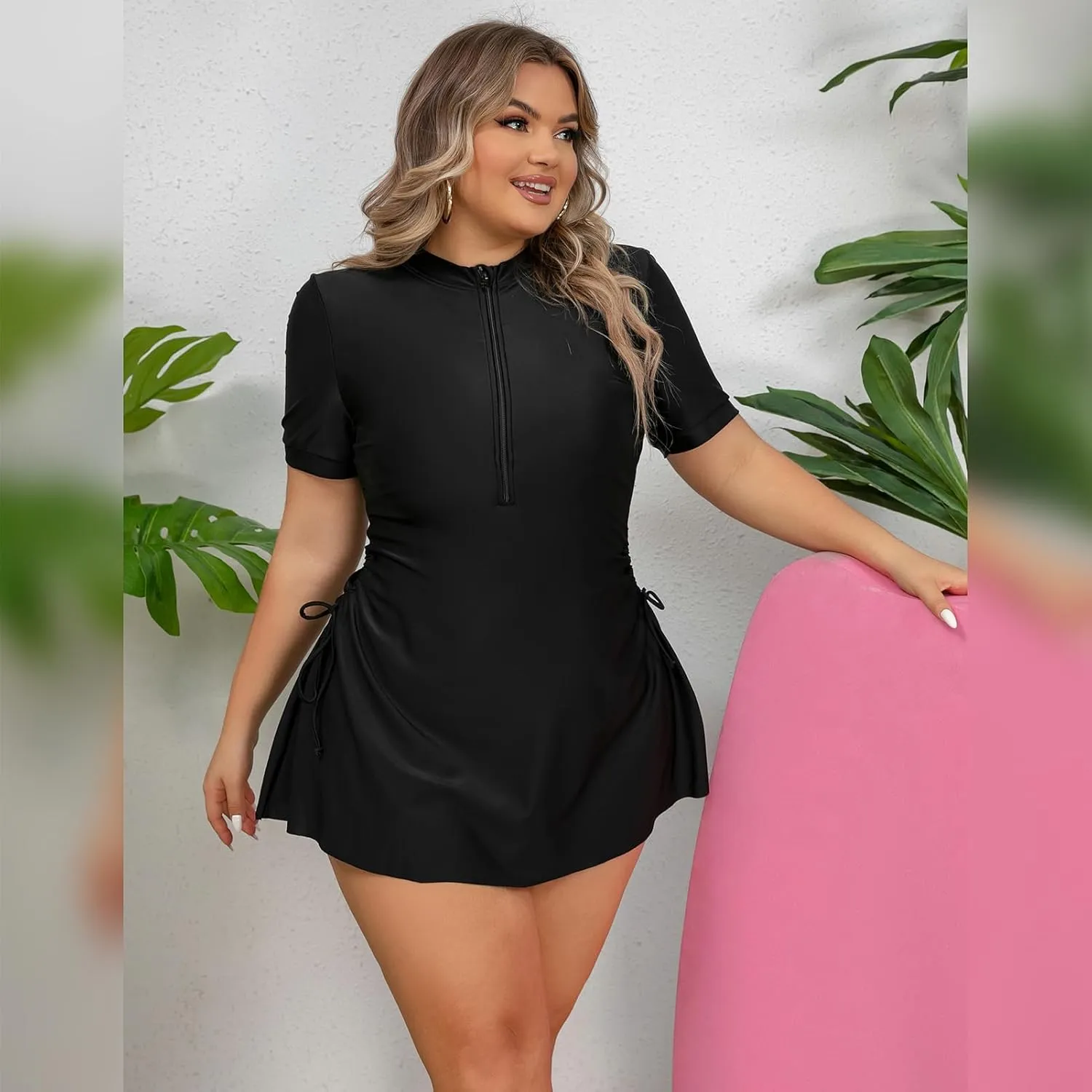 FYMNSI Women Plus Size Zipper Rash Guard Sun Protection Surf Rashguard Boyleg One Piece Sport Swimsuit Padded Bathing Suit