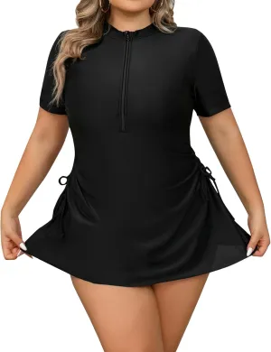 FYMNSI Women Plus Size Zipper Rash Guard Sun Protection Surf Rashguard Boyleg One Piece Sport Swimsuit Padded Bathing Suit
