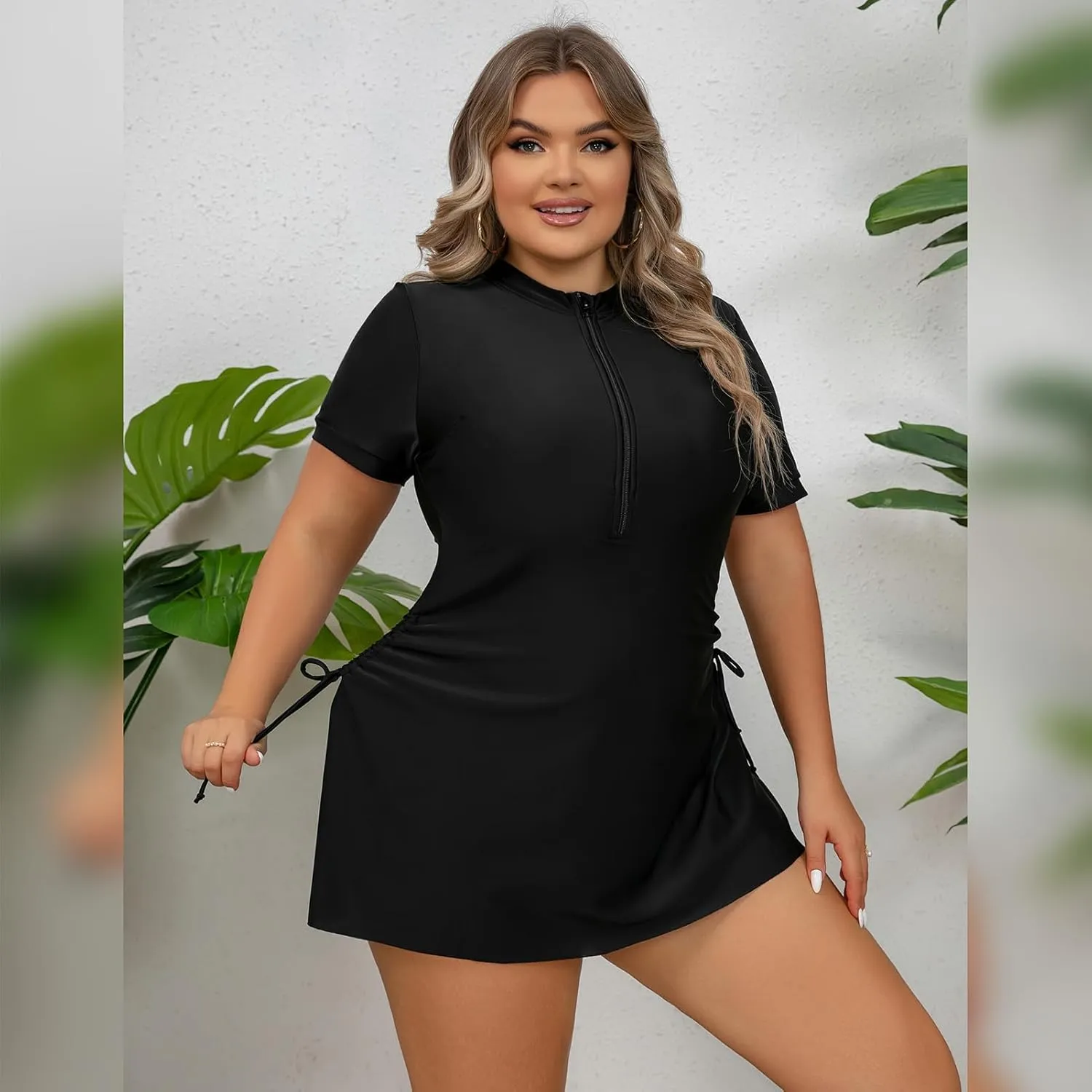 FYMNSI Women Plus Size Zipper Rash Guard Sun Protection Surf Rashguard Boyleg One Piece Sport Swimsuit Padded Bathing Suit
