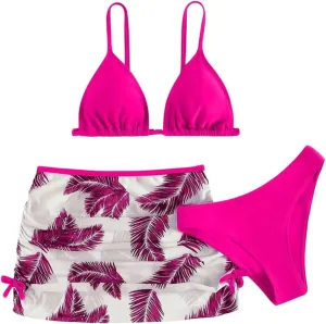Girls Swimsuit 3 Piece Tropical Print Bikini Set Modest Swim Skirt Bikini with Skirt Tankini Bathing Suits Swimwear