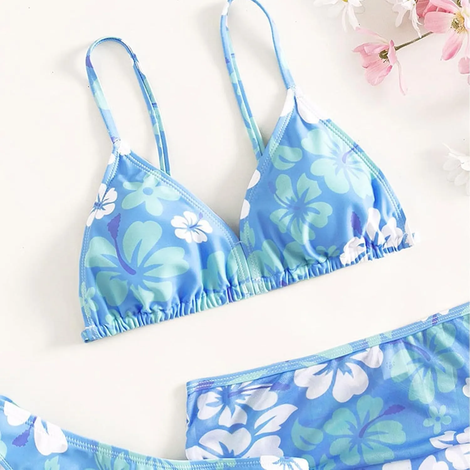 Girls Swimsuit 3 Piece Tropical Print Bikini Set Modest Swim Skirt String Bikini Swimsuit Bathing Suit Tops Swimwear