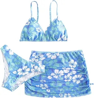 Girls Swimsuit 3 Piece Tropical Print Bikini Set Modest Swim Skirt String Bikini Swimsuit Bathing Suit Tops Swimwear