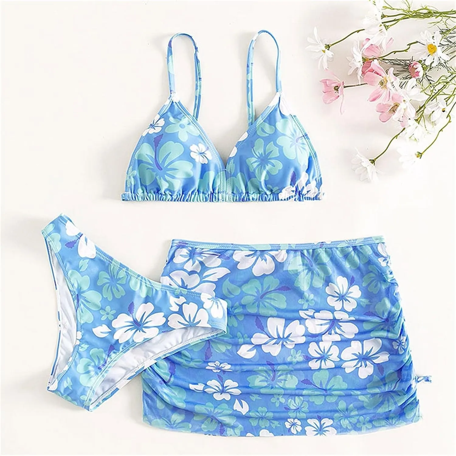 Girls Swimsuit 3 Piece Tropical Print Bikini Set Modest Swim Skirt String Bikini Swimsuit Bathing Suit Tops Swimwear