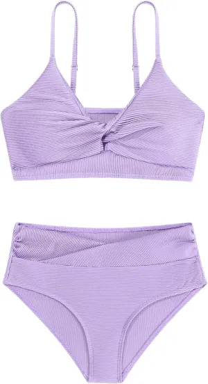 Girls' Swimsuits 2 Piece Bikini Set Solid Color Twist Cross Spaghetti Straps Bathing Suit Teen Swimwear with Chest Pad