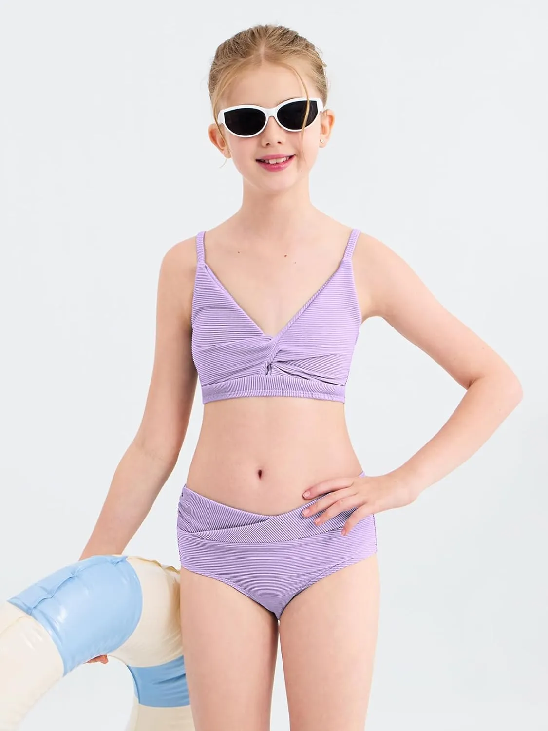Girls' Swimsuits 2 Piece Bikini Set Solid Color Twist Cross Spaghetti Straps Bathing Suit Teen Swimwear with Chest Pad