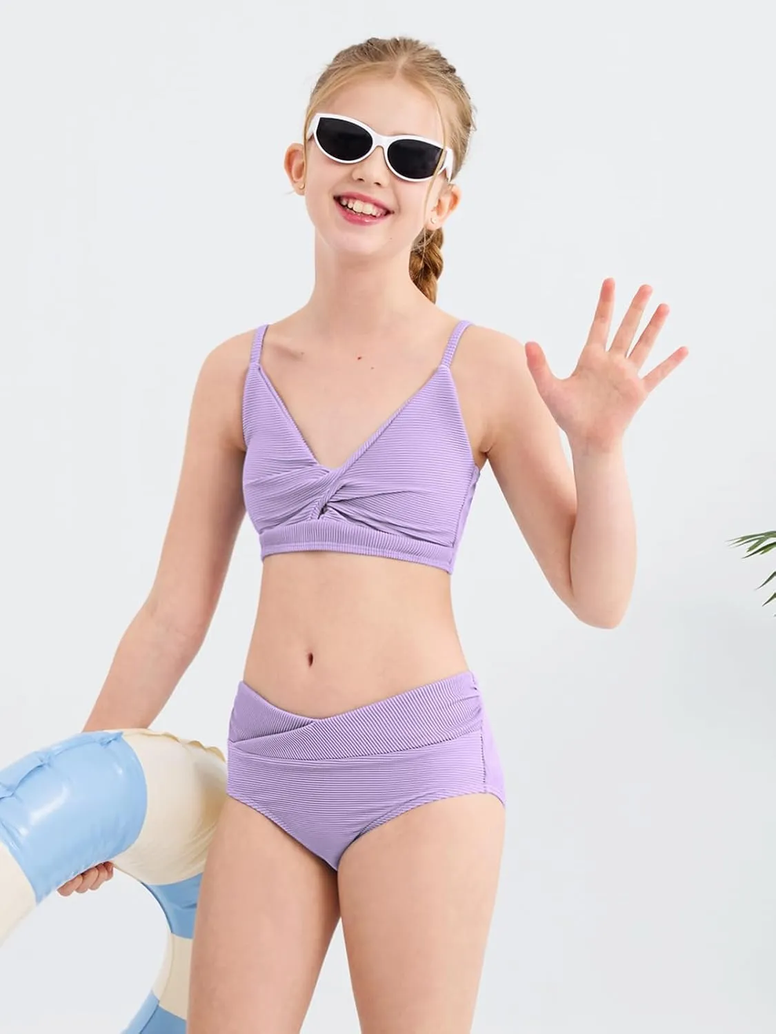 Girls' Swimsuits 2 Piece Bikini Set Solid Color Twist Cross Spaghetti Straps Bathing Suit Teen Swimwear with Chest Pad