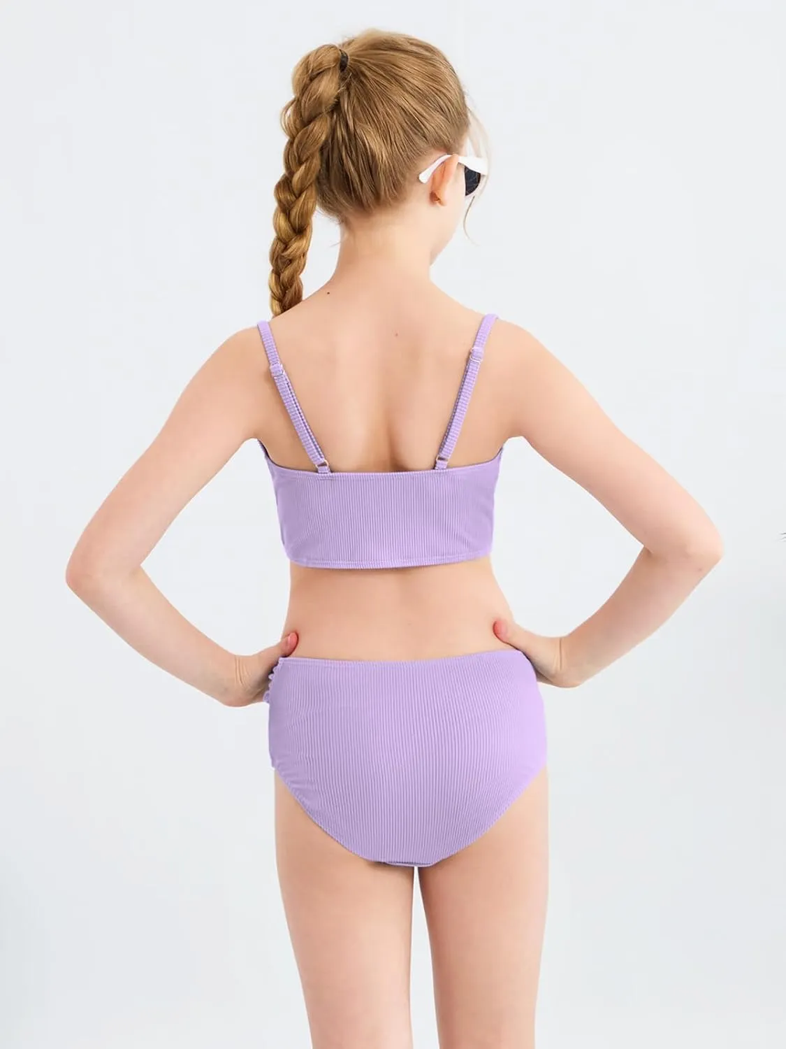 Girls' Swimsuits 2 Piece Bikini Set Solid Color Twist Cross Spaghetti Straps Bathing Suit Teen Swimwear with Chest Pad