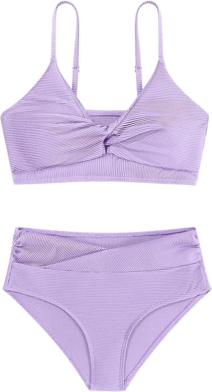 Girls' Swimsuits 2 Piece Bikini Set Solid Color Twist Cross Spaghetti Straps Bathing Suit Teen Swimwear with Chest Pad