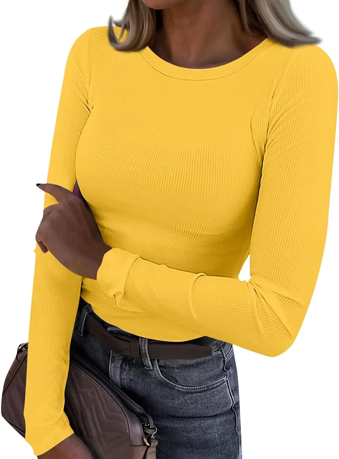 Going Out Tops for Women Fall Long Sleeve Lightweight Tops Ribbed Crew Neck Shirts Winter Trendy Travel Clothes
