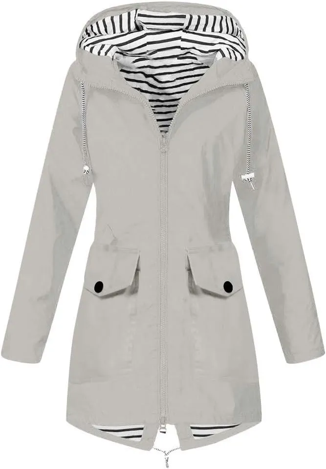 GOKKILRW Rain Jackets Women Waterproof Lightweight Striped Lined Rain Coats with Hood Outdoor Hiking Windbreakers Trench Coat