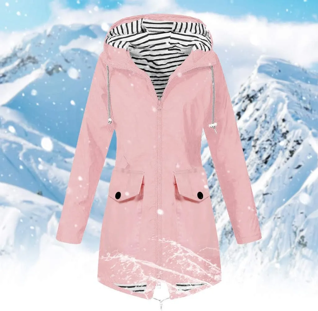 GOKKILRW Rain Jackets Women Waterproof Lightweight Striped Lined Rain Coats with Hood Outdoor Hiking Windbreakers Trench Coat