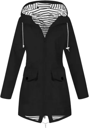GOKKILRW Rain Jackets Women Waterproof Lightweight Striped Lined Rain Coats with Hood Outdoor Hiking Windbreakers Trench Coat