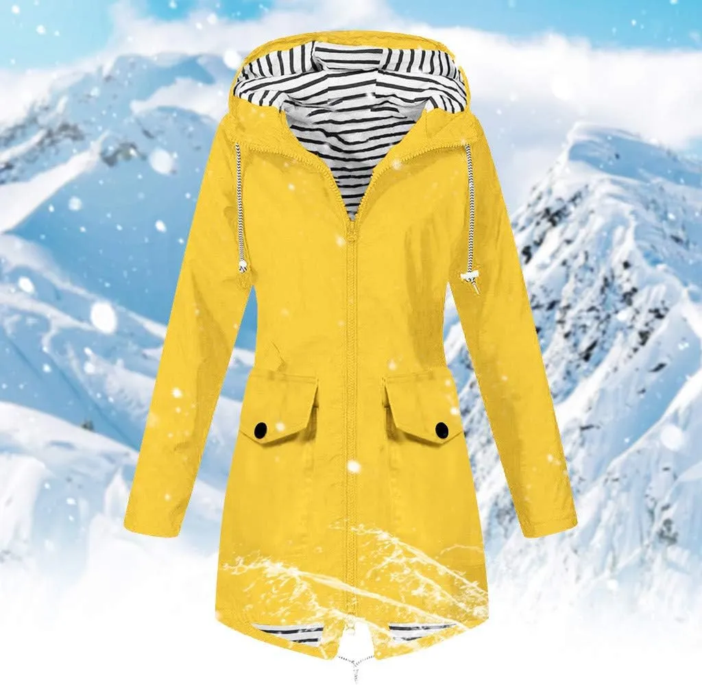 GOKKILRW Rain Jackets Women Waterproof Lightweight Striped Lined Rain Coats with Hood Outdoor Hiking Windbreakers Trench Coat