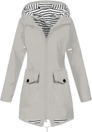 GOKKILRW Rain Jackets Women Waterproof Lightweight Striped Lined Rain Coats with Hood Outdoor Hiking Windbreakers Trench Coat