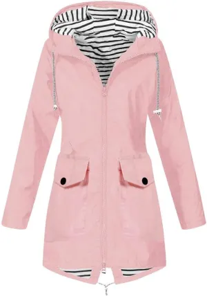 GOKKILRW Rain Jackets Women Waterproof Lightweight Striped Lined Rain Coats with Hood Outdoor Hiking Windbreakers Trench Coat