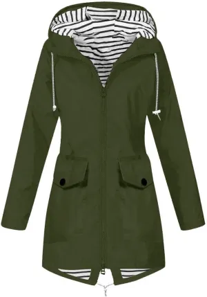 GOKKILRW Rain Jackets Women Waterproof Lightweight Striped Lined Rain Coats with Hood Outdoor Hiking Windbreakers Trench Coat