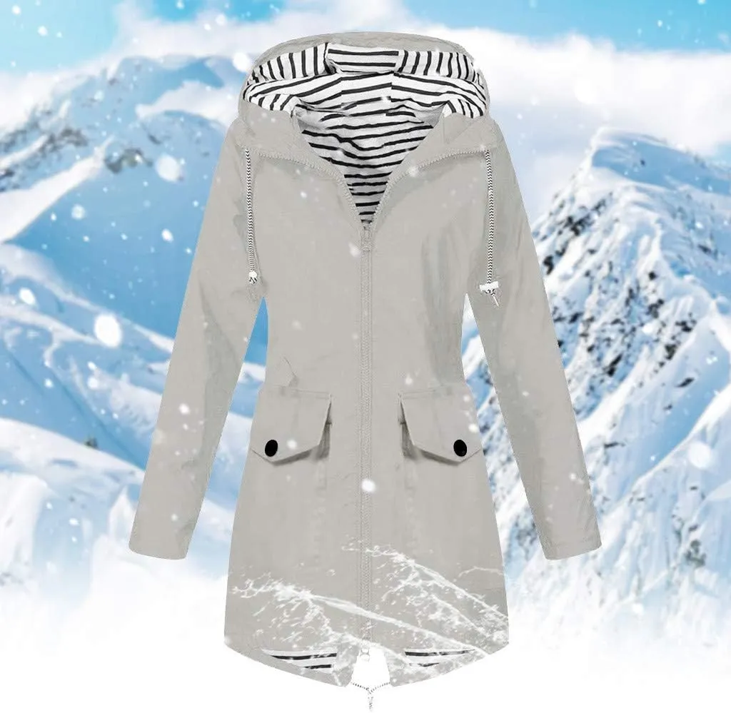 GOKKILRW Rain Jackets Women Waterproof Lightweight Striped Lined Rain Coats with Hood Outdoor Hiking Windbreakers Trench Coat