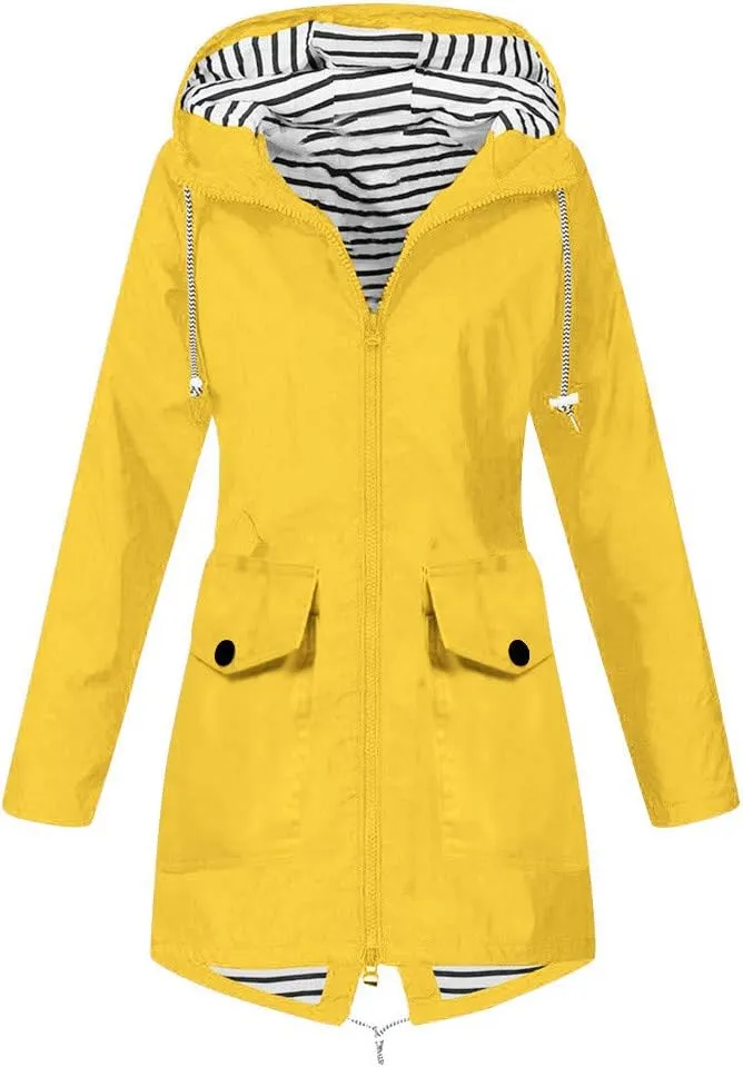 GOKKILRW Rain Jackets Women Waterproof Lightweight Striped Lined Rain Coats with Hood Outdoor Hiking Windbreakers Trench Coat