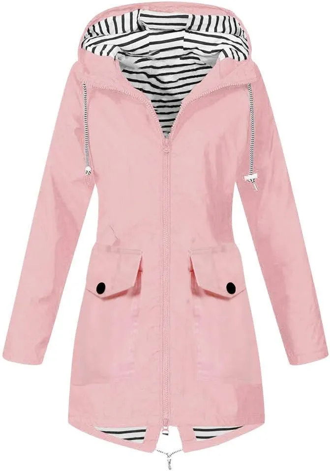 GOKKILRW Rain Jackets Women Waterproof Lightweight Striped Lined Rain Coats with Hood Outdoor Hiking Windbreakers Trench Coat