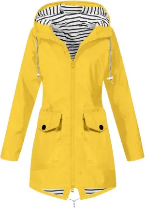GOKKILRW Rain Jackets Women Waterproof Lightweight Striped Lined Rain Coats with Hood Outdoor Hiking Windbreakers Trench Coat