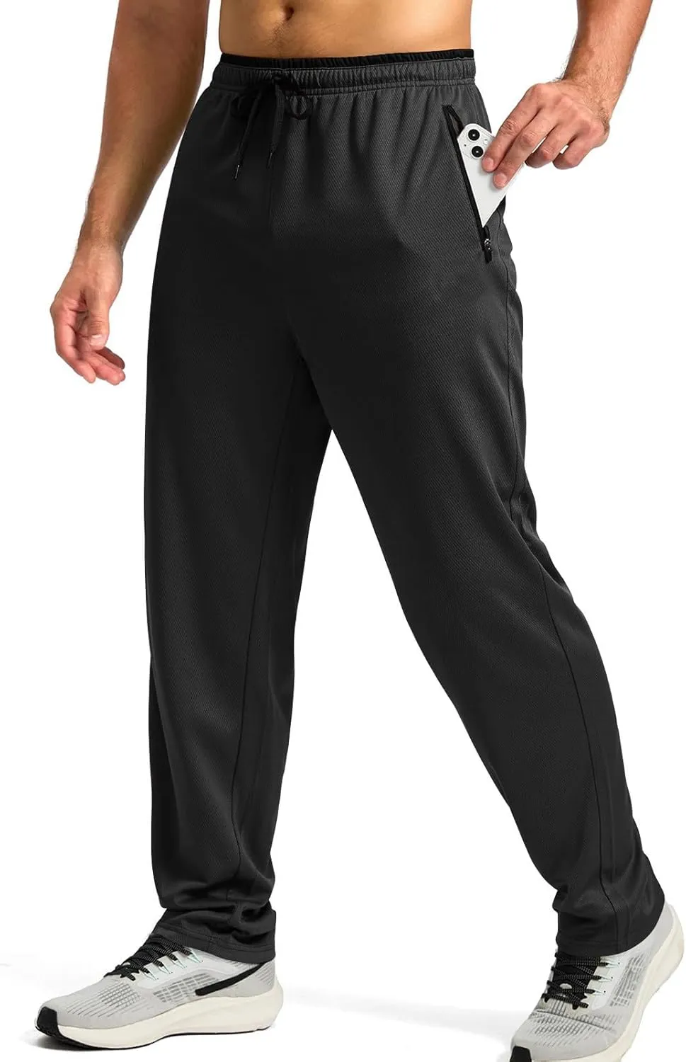 Gym Pants Men Casual Stretch Quick Dry Pant Drawstring Pull-On Tapered Joggers with Zipper Pockets Workout Athletic Pant