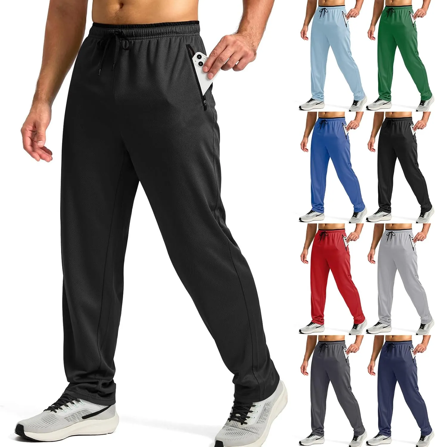 Gym Pants Men Casual Stretch Quick Dry Pant Drawstring Pull-On Tapered Joggers with Zipper Pockets Workout Athletic Pant