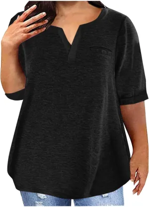 Half Sleeve Plus Size Tops for Women Notched V Neck Casual Loose Fit Tshirts Oversized Spring Summer Going Out Tees