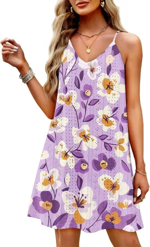 Hawaiian Dresses for Women Mini Sleeveless Spaghetti Strap Floral Tropical Print Cover Ups Vacation Casual Beach Dress