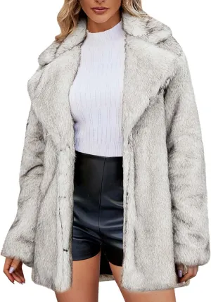 HGps8w Luxury Faux Fur Coat for Women Lapel Open Front Shaggy Cardigans Fuzzy Fleece Jacket Warm Winter Outerwear