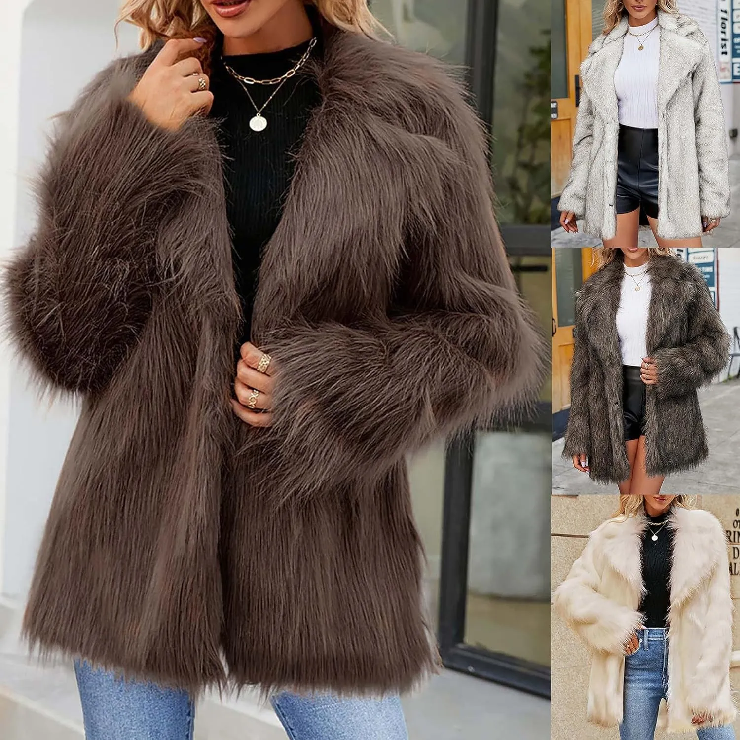 HGps8w Luxury Faux Fur Coat for Women Lapel Open Front Shaggy Cardigans Fuzzy Fleece Jacket Warm Winter Outerwear