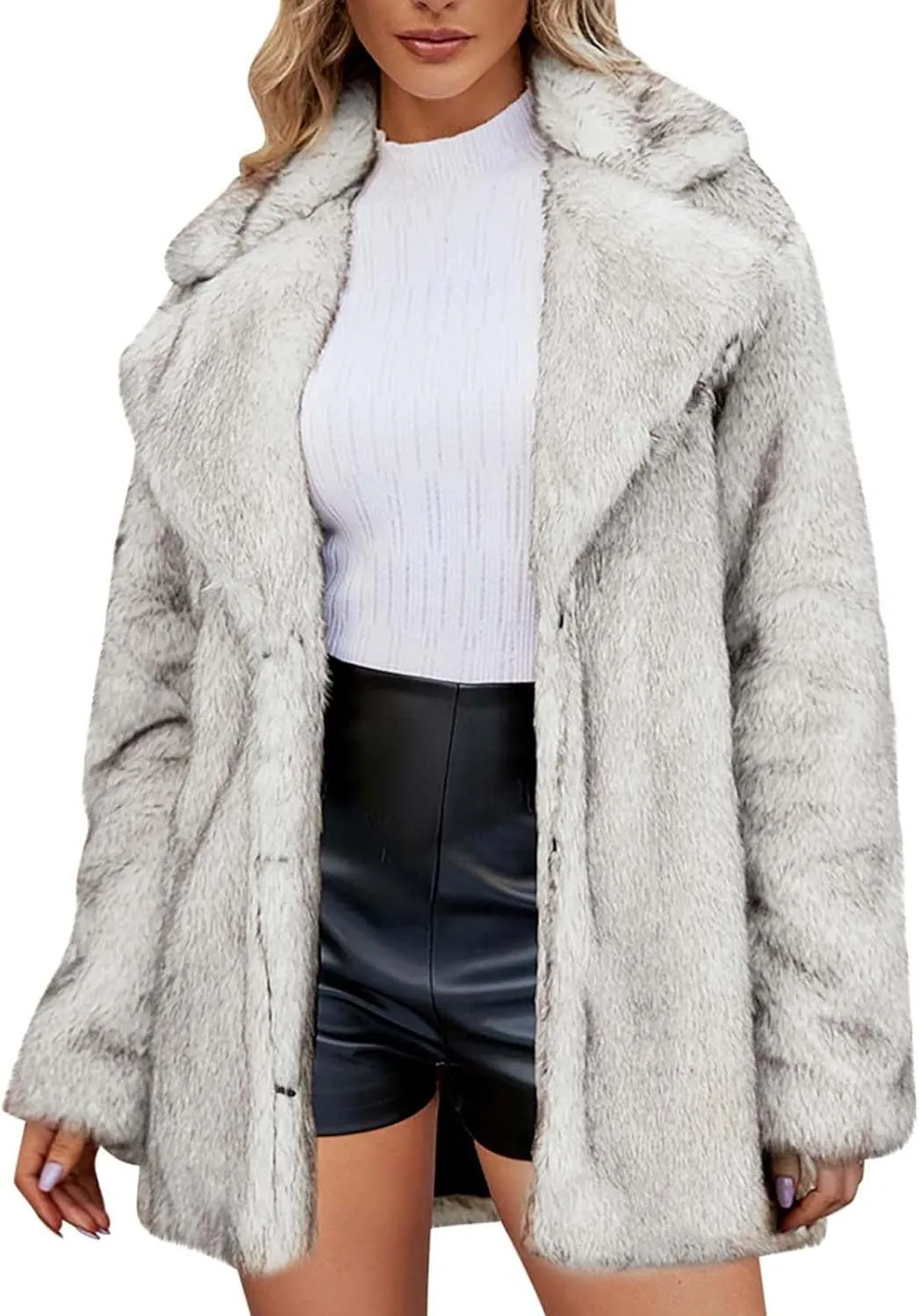 HGps8w Luxury Faux Fur Coat for Women Lapel Open Front Shaggy Cardigans Fuzzy Fleece Jacket Warm Winter Outerwear