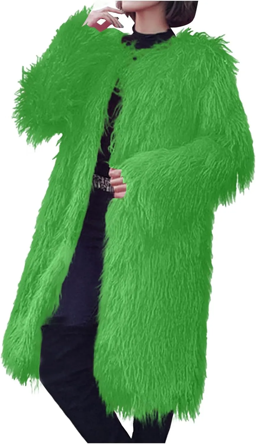 HGps8w Luxury Long Faux Fur Coat for Women Open Front Shaggy Cardigans Oversized Fuzzy Fleece Jacket Warm Winter Outerwear