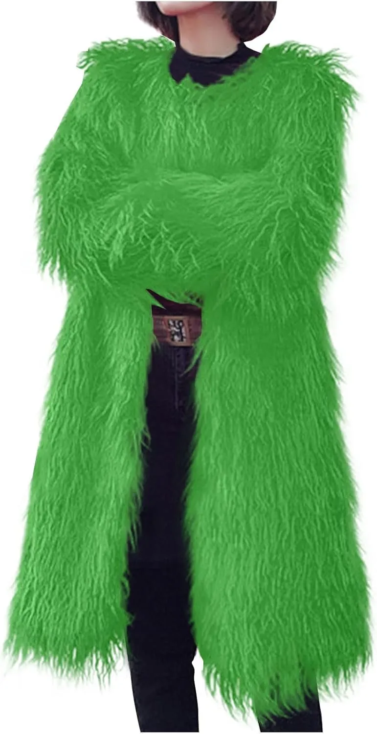 HGps8w Luxury Long Faux Fur Coat for Women Open Front Shaggy Cardigans Oversized Fuzzy Fleece Jacket Warm Winter Outerwear