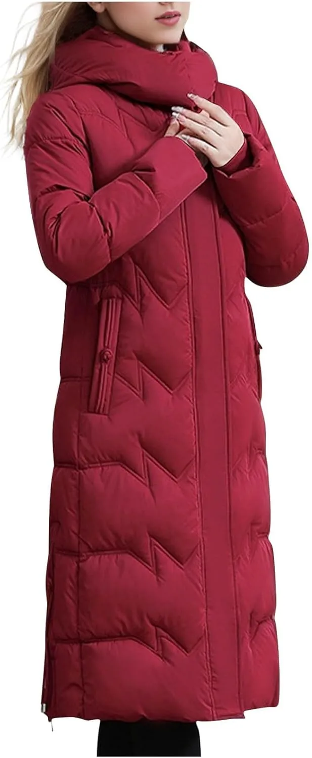 HGps8w Women's Winter Long Thickened Down Coat, Casual Hooded Quilted Puffer Jacket Insulated Parkas Outerwear with Pockets