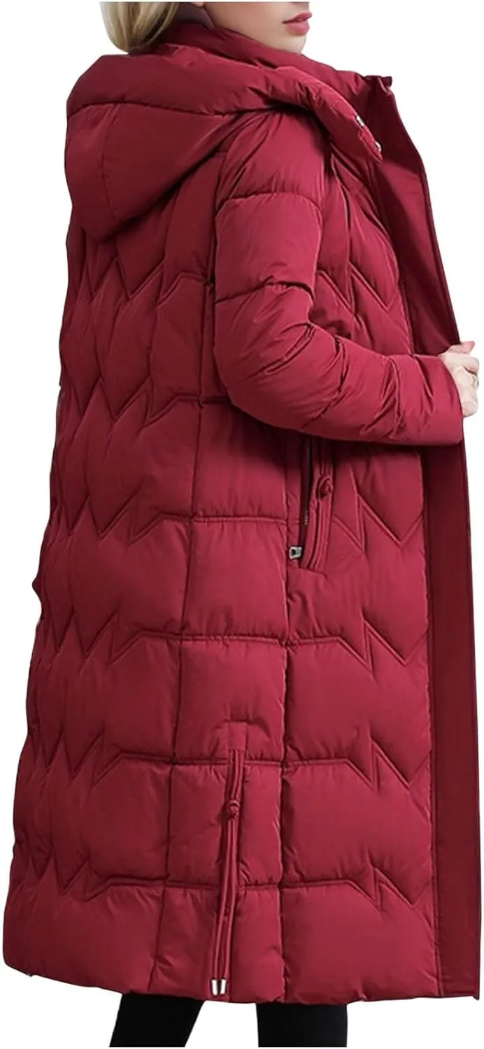 HGps8w Women's Winter Long Thickened Down Coat, Casual Hooded Quilted Puffer Jacket Insulated Parkas Outerwear with Pockets