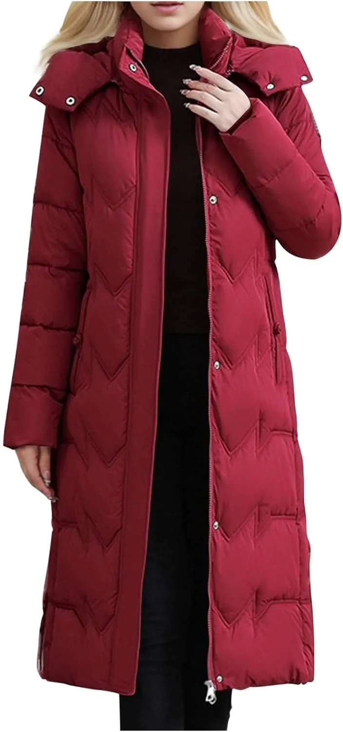 HGps8w Women's Winter Long Thickened Down Coat, Casual Hooded Quilted Puffer Jacket Insulated Parkas Outerwear with Pockets
