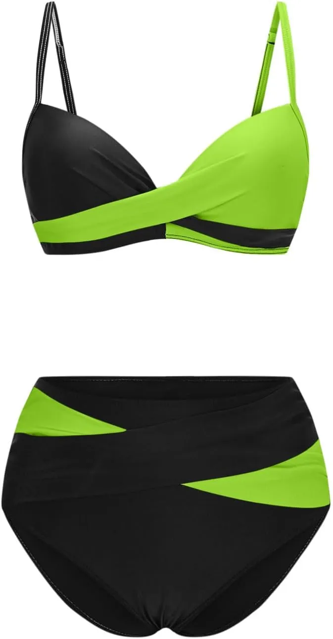 High Waisted Bikini Set for Women Push Up Swimsuits Color Block Two Piece Bathing Suits for Vacation