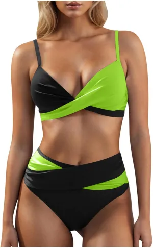 High Waisted Bikini Set for Women Push Up Swimsuits Color Block Two Piece Bathing Suits for Vacation