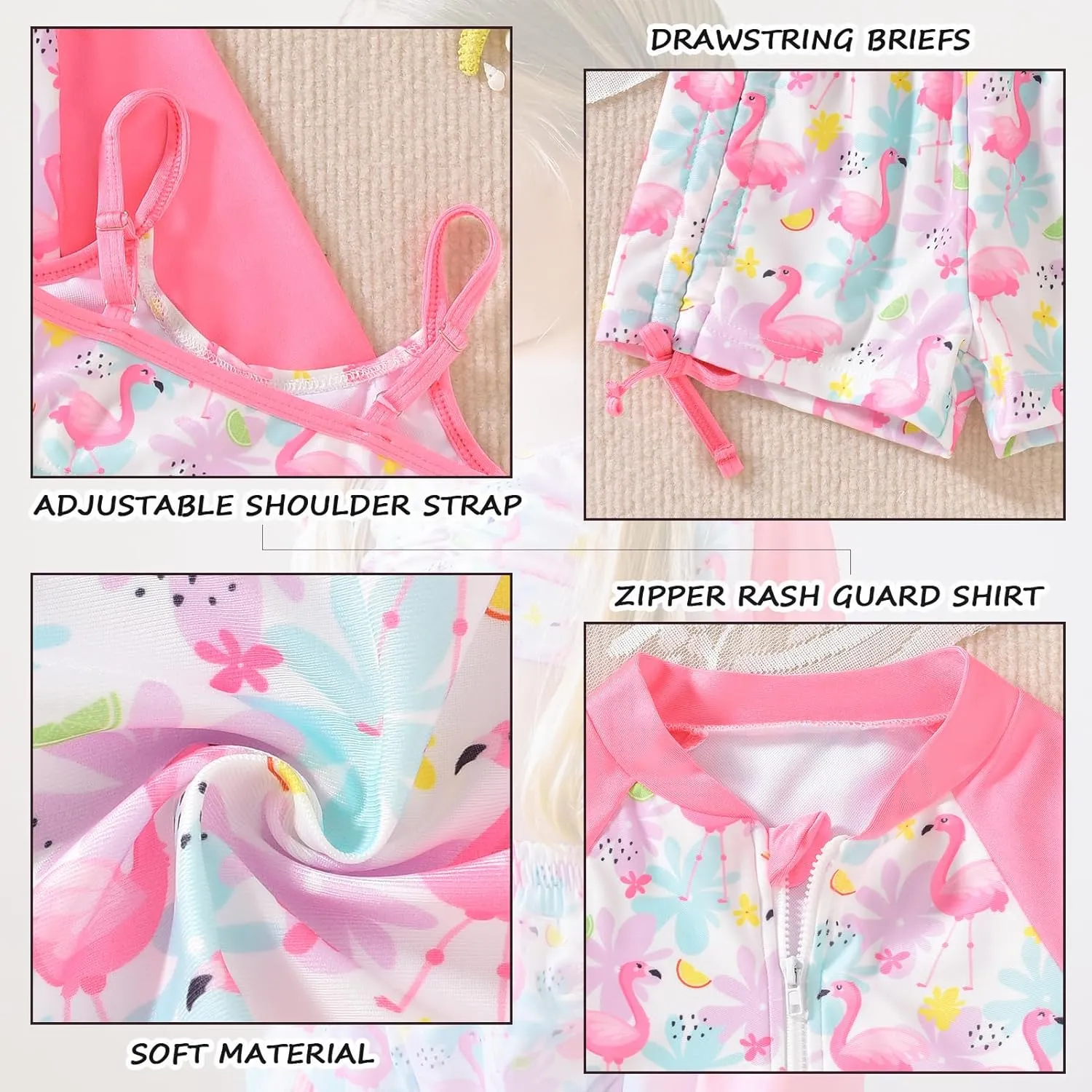 HINTINA Infant Toddler Girl Swimsuit 3 Pieces Zip Rash Guard Set Long Sleeve Bathing Suits Swimming Shorts Swimwear
