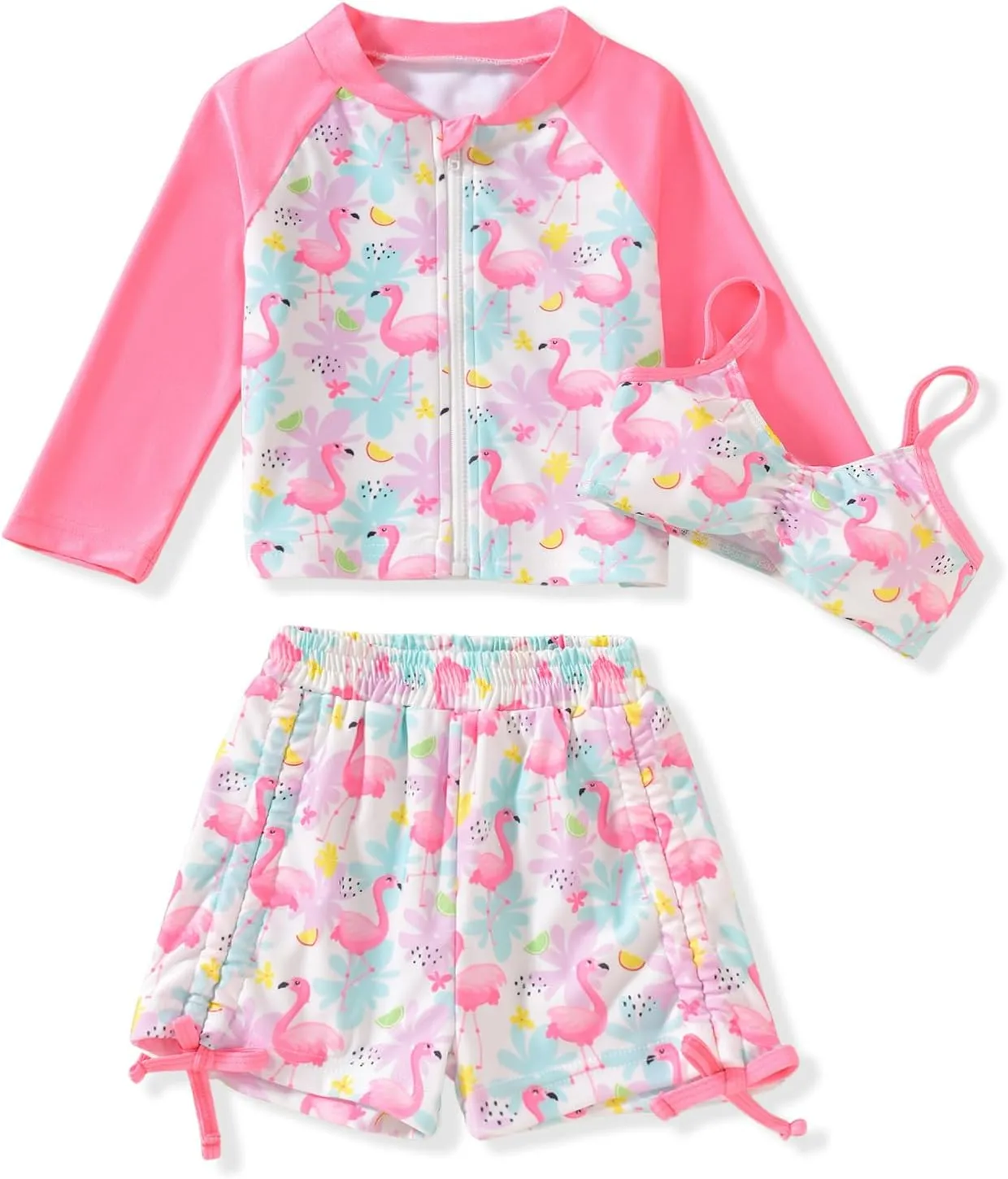 HINTINA Infant Toddler Girl Swimsuit 3 Pieces Zip Rash Guard Set Long Sleeve Bathing Suits Swimming Shorts Swimwear