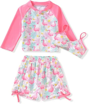 HINTINA Infant Toddler Girl Swimsuit 3 Pieces Zip Rash Guard Set Long Sleeve Bathing Suits Swimming Shorts Swimwear